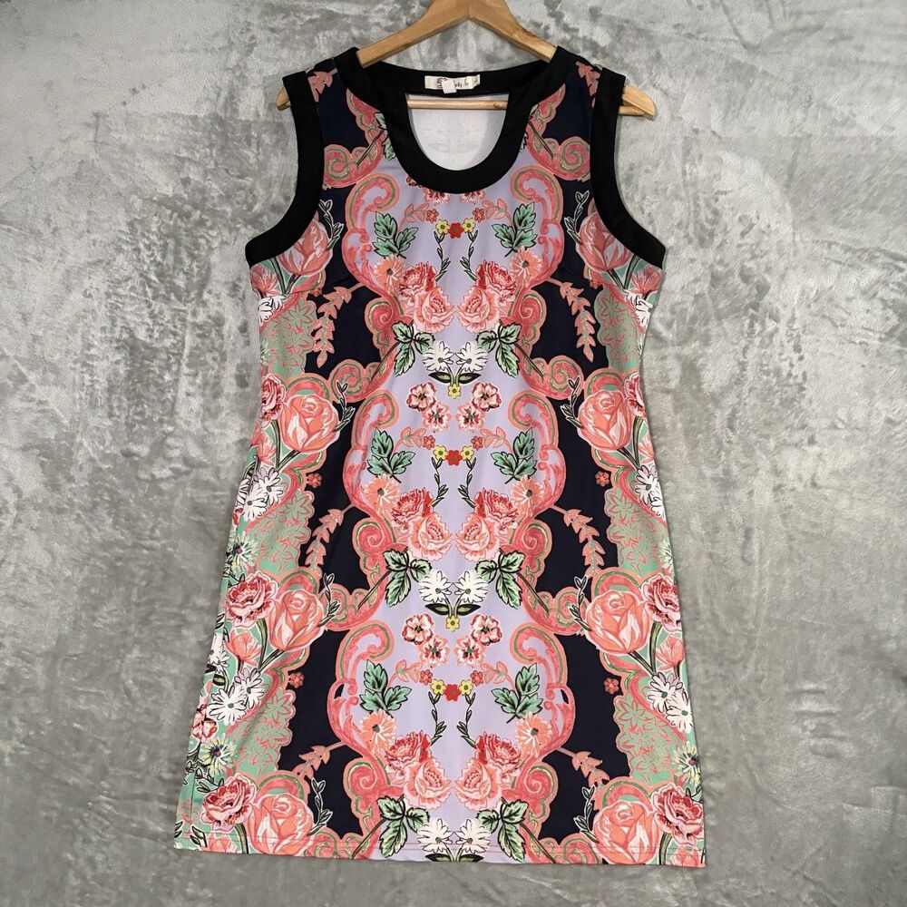 Axyeh Dress L Purple Pink Floral Border Print Shift Sleeveless Mod Boho Chic Y2K